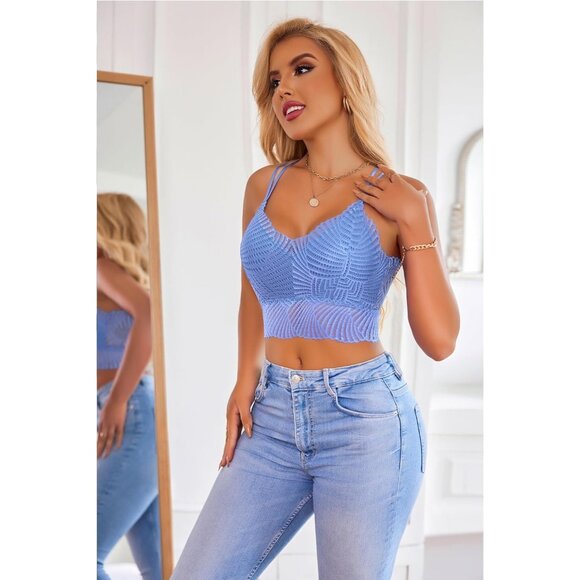 Women's Blue Lace Camisoles Double-layered V-neck Sexy Bralettes Crop Top - Picture 2 of 7